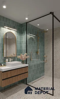 Modern Terrazzo and Green Tile Bathroom with Gold Fixtures | Material Depot