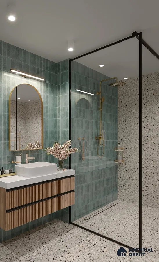 Modern Terrazzo and Green Tile Bathroom with Gold Fixtures | Material Depot