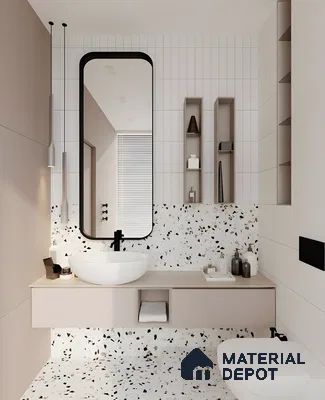 Terrazzo Delight Bathroom With Floating Vanity And Vertical Mirror | Material Depot