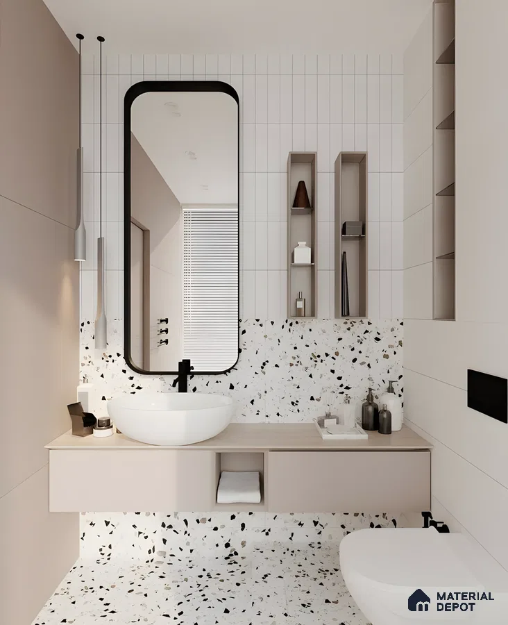 Terrazzo Delight Bathroom With Floating Vanity And Vertical Mirror | Material Depot