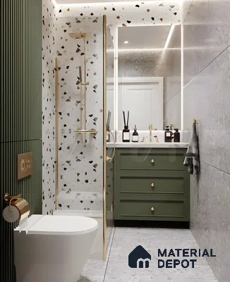 Terrazzo Elegance: Modern Bathroom with Gold Accents and Green Vanity | Material Depot