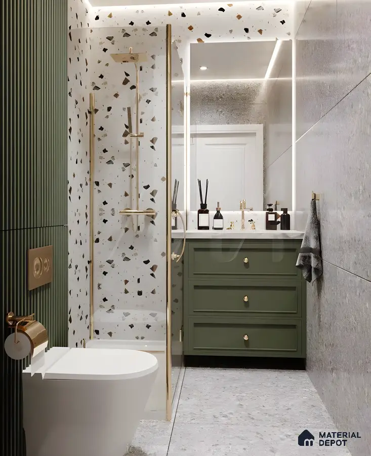 Terrazzo Elegance: Modern Bathroom with Gold Accents and Green Vanity | Material Depot
