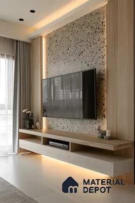 Terrazzo Stone Tv Wall With Light Wood Framing And Warm Undercabinet Lighting | Material Depot