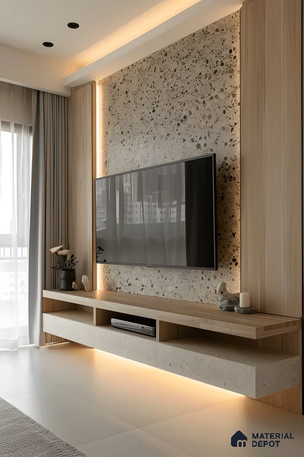 Terrazzo Stone Tv Wall With Light Wood Framing And Warm Undercabinet Lighting | Material Depot