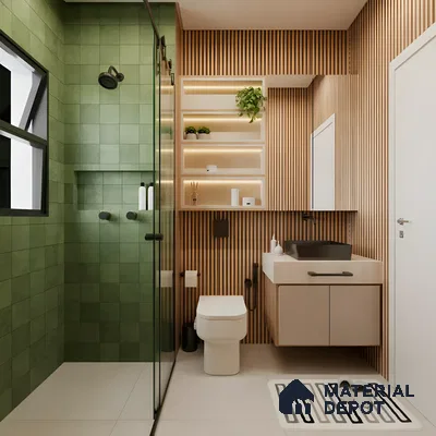 Textured Green Tile Shower with Wood Accent Wall Purva Blubelle Magadi Road | Material Depot