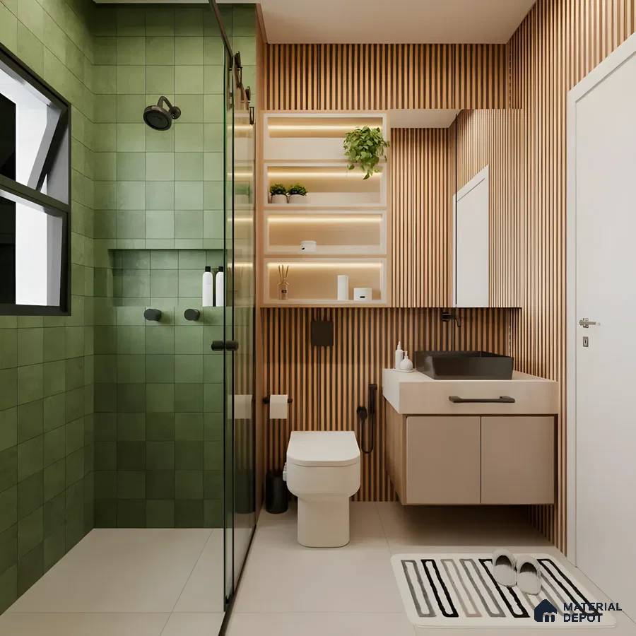 Textured Green Tile Shower with Wood Accent Wall Purva Blubelle Magadi Road | Material Depot
