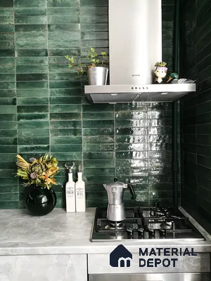 Textured Green Tiles with Concrete Countertop Kitchen | Material Depot