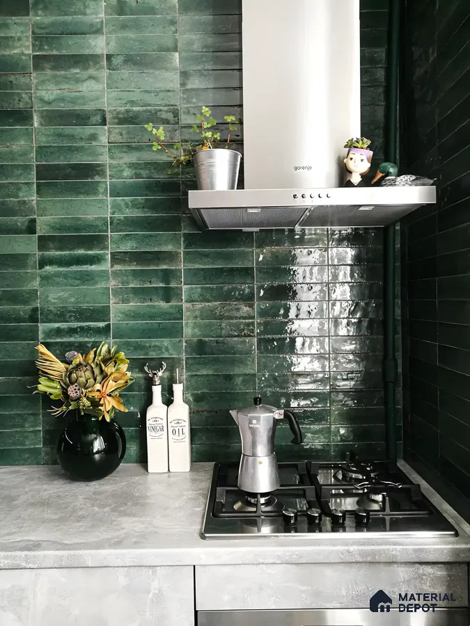 Textured Green Tiles with Concrete Countertop Kitchen | Material Depot