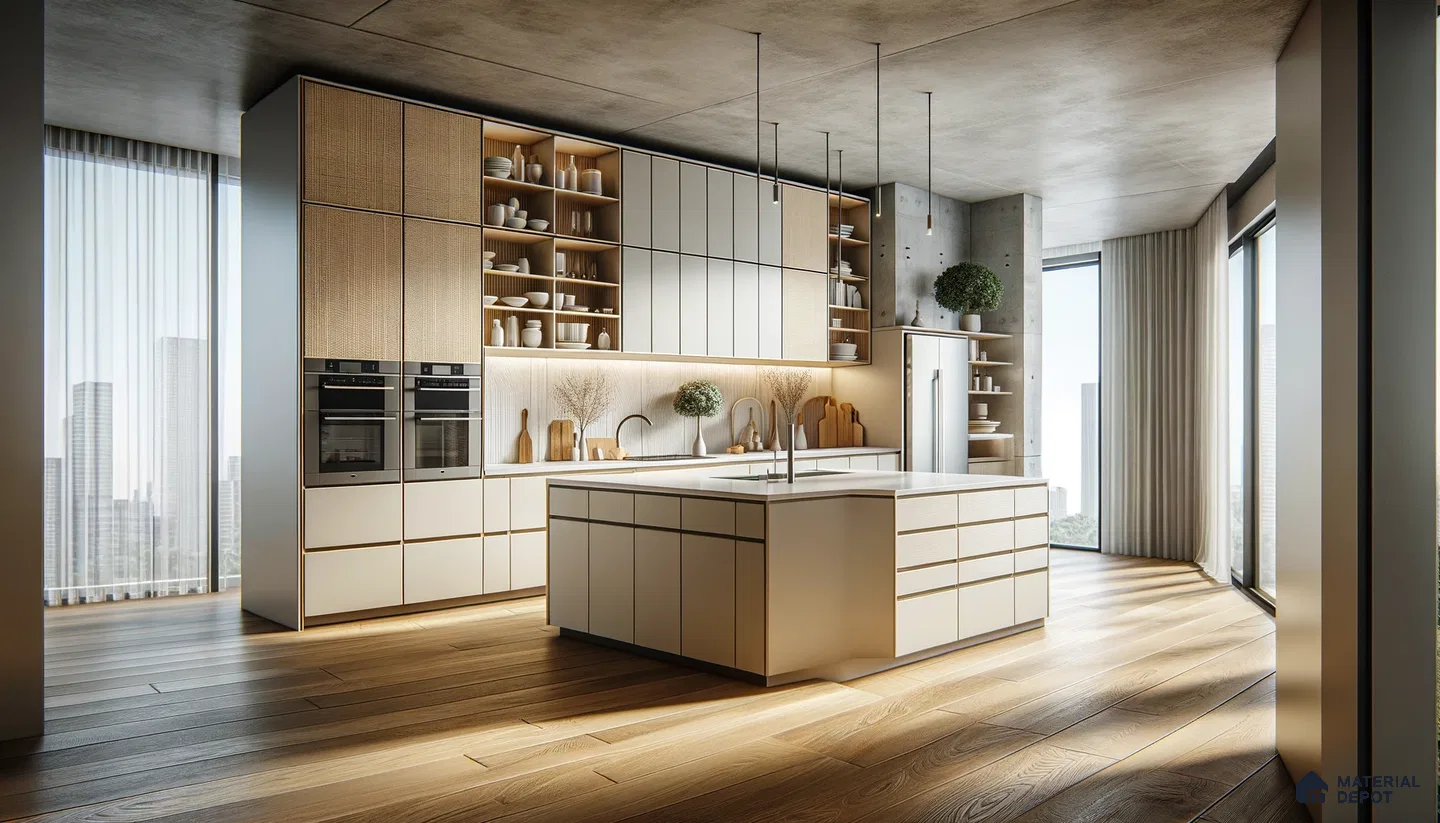 Textured Harmony in High-Rise Kitchen with Golden Sunlight | Material Depot