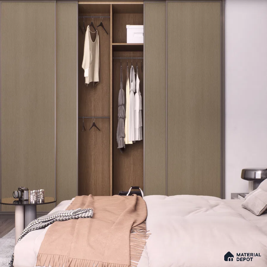 Textured Wooden Laminate Sliding Wardrobe for Cozy Bedroom Design | Material Depot
