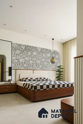 Timeless Bedroom with Floral Accent Wall, Upholstered Headboard, Wooden Bed Frame & Cream Tones | Material Depot