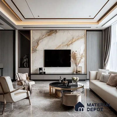 Timeless Elegance: A Luxurious Living Room with a Marble Feature Wall | Material Depot