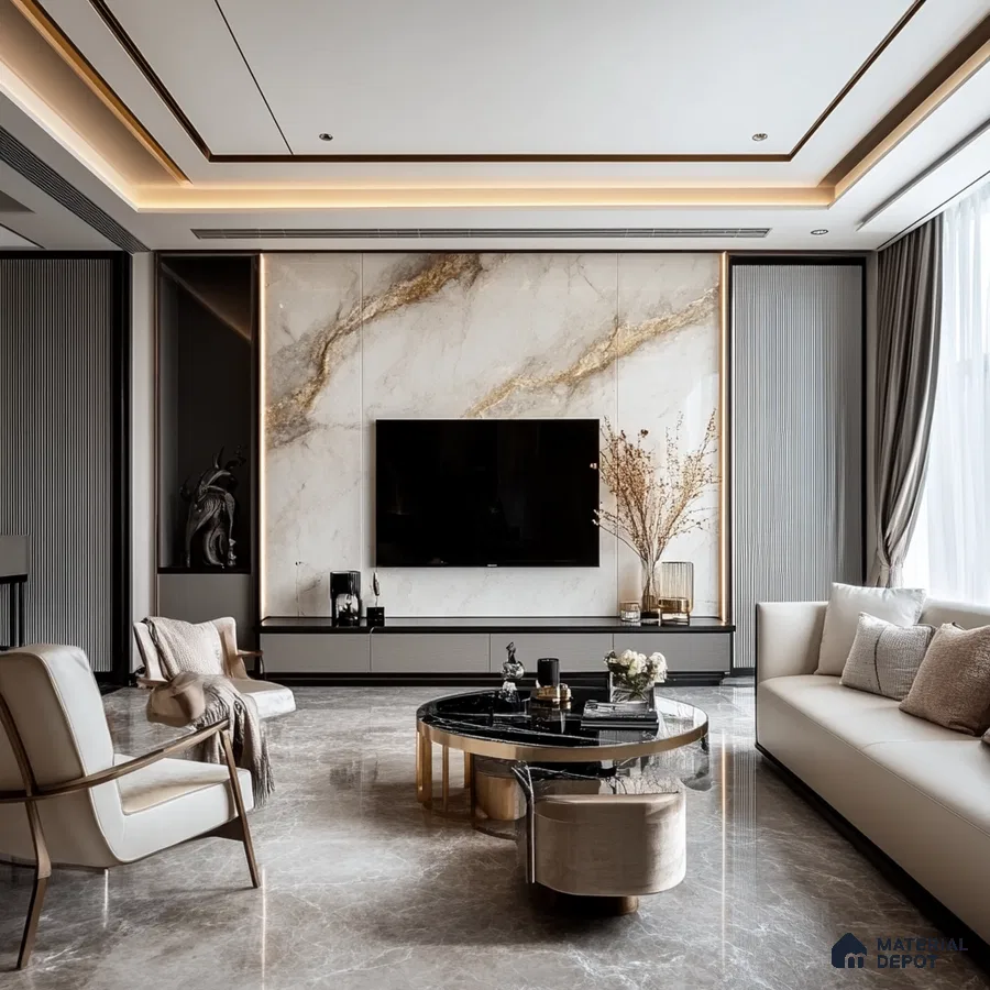 Timeless Elegance: A Luxurious Living Room with a Marble Feature Wall | Material Depot