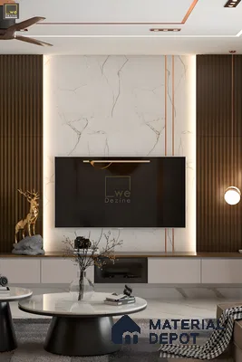 Timeless Harmony: A Modern Luxe Tv Wall With Statuario Marble, Fluted Wood Panels & Ambient Lighting | Material Depot