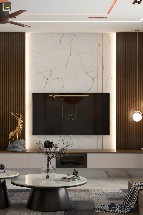 Timeless Harmony: A Modern Luxe Tv Wall With Statuario Marble, Fluted Wood Panels & Ambient Lighting | Material Depot