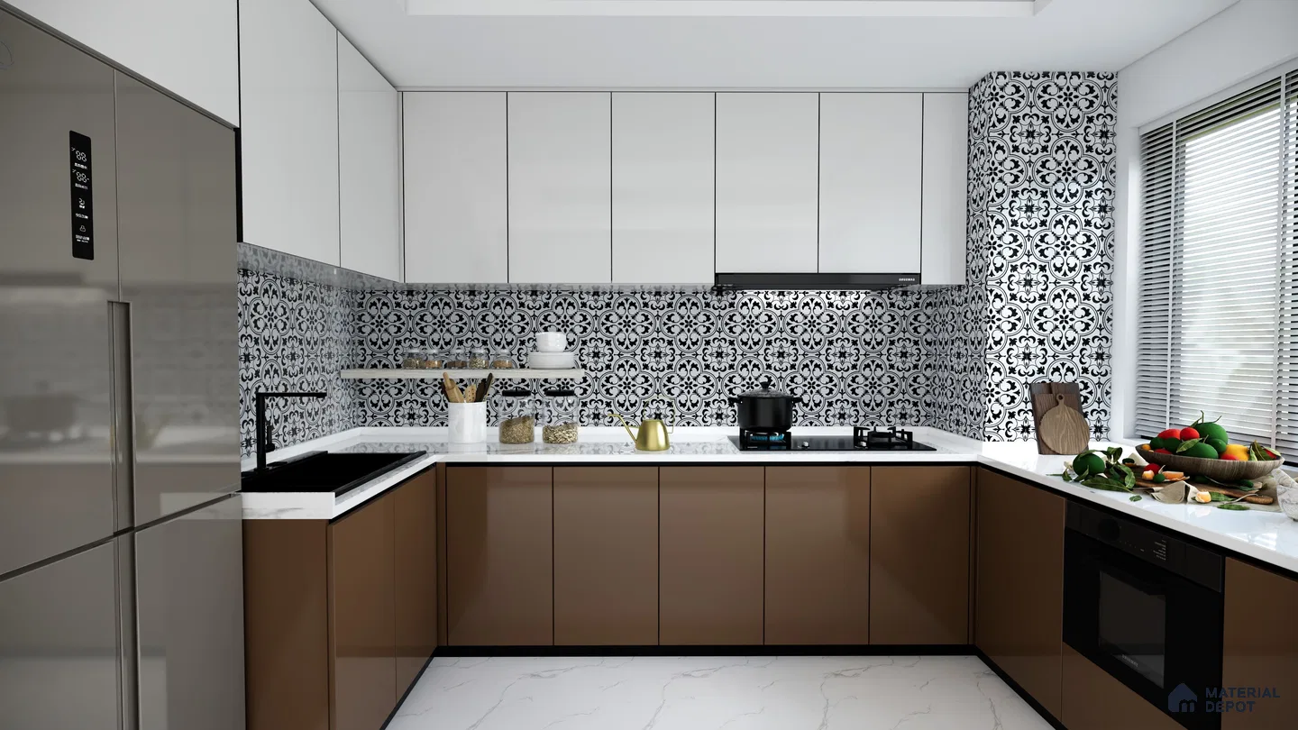 Timeless Kitchen with Brown Laminate Cabinets and Moroccan Patterned Tiles | Material Depot