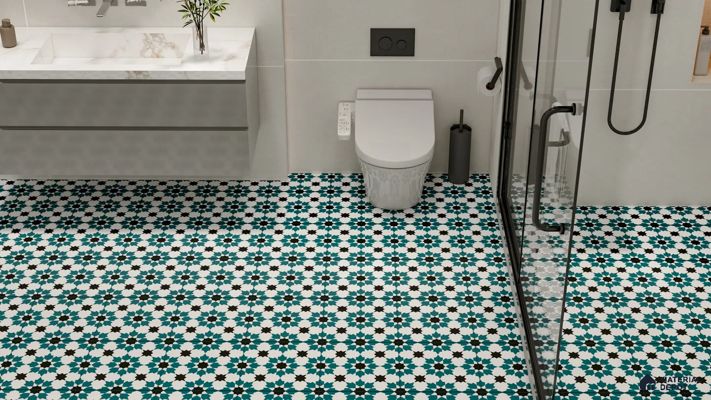 Timeless Moroccan Elegance with Teal and Black Patterned Floor Tiles | Material Depot