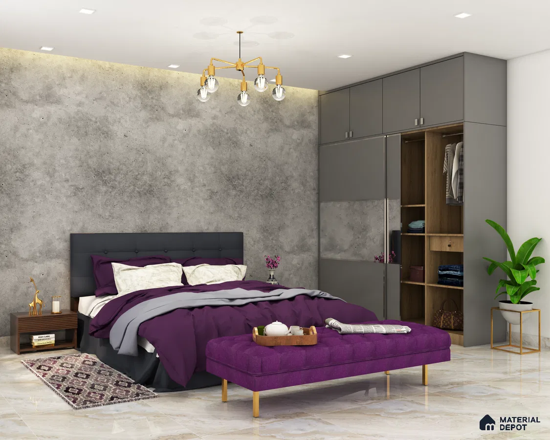 Classic Master Bedroom: Purple, Grey, and Marble Elegance