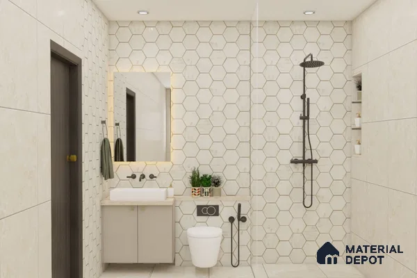 Modern bathroom with cream marble countertop.