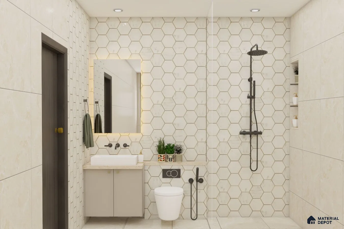 Modern bathroom with cream marble countertop.