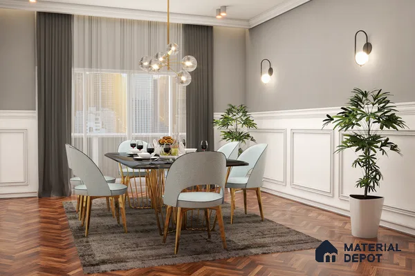 Classy Dining: White Trims, Golden Accents, Elegant Rug