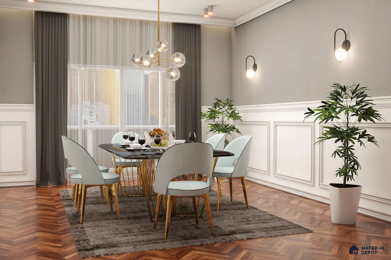 Classy Dining: White Trims, Golden Accents, Elegant Rug
