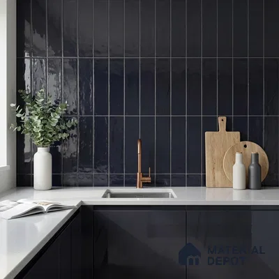 Modern Kitchen with Glossy Navy Black Vertical Subway Tile and Copper Faucet