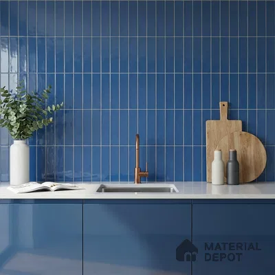 Modern Kitchen with Glossy Cobalt Blue Vertical Subway Tile and Copper Faucet
