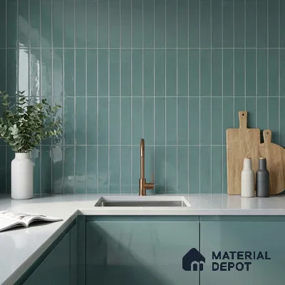 Modern Kitchen with Glossy Teal Green Vertical Subway Tile and Copper Faucet