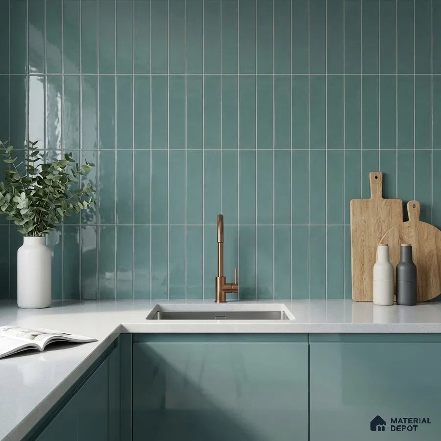 Modern Kitchen with Glossy Teal Green Vertical Subway Tile and Copper Faucet
