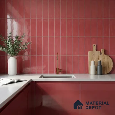 Modern Kitchen with Glossy Raspberry Red Vertical Subway Tile and Copper Faucet