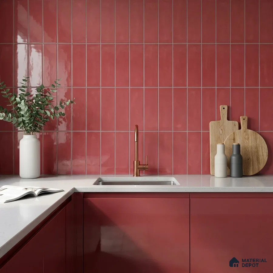 Modern Kitchen with Glossy Raspberry Red Vertical Subway Tile and Copper Faucet