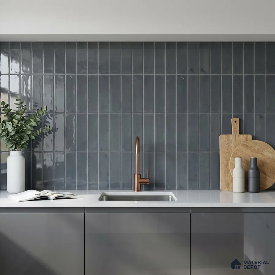 Modern Kitchen with Glossy Anchor Grey Vertical Subway Tile and Copper Faucet