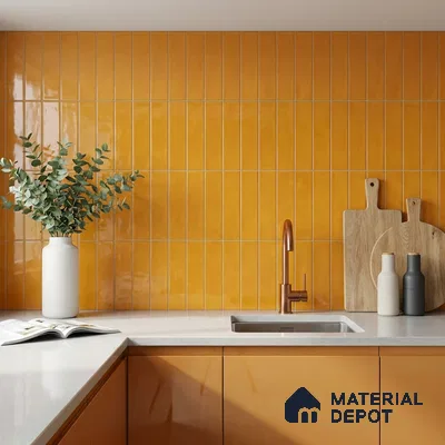 Modern Kitchen with Glossy Mustard Yellow Vertical Subway Tile and Copper Faucet