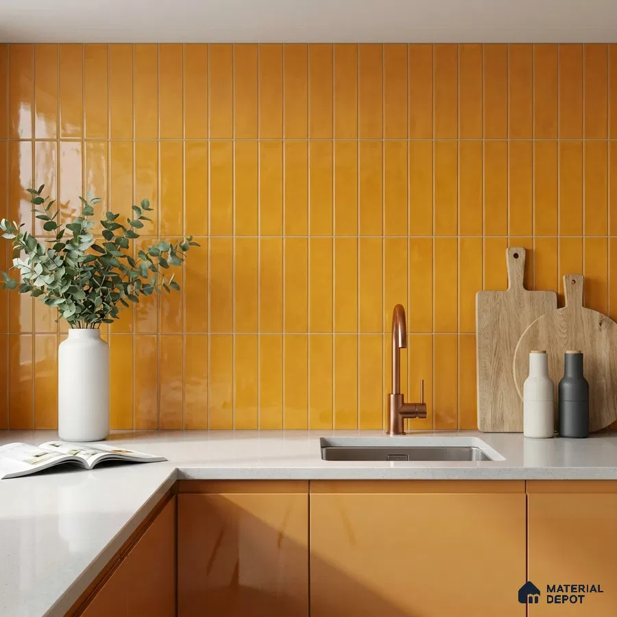 Modern Kitchen with Glossy Mustard Yellow Vertical Subway Tile and Copper Faucet