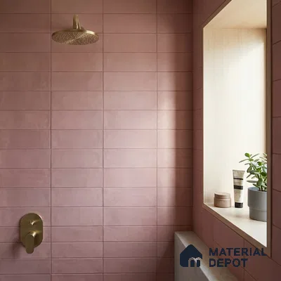 Modern Bathroom with Dusty Rose Pink Matte Subway Tile and Brass Fixtures