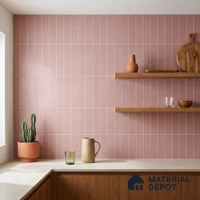 Scandinavian Kitchen with Dusty Pink Matte Vertical Subway Tile and Walnut Cabinets