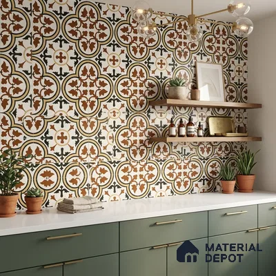 Mediterranean kitchen with terracotta patterned wall tiles and sage green laminate cabinets