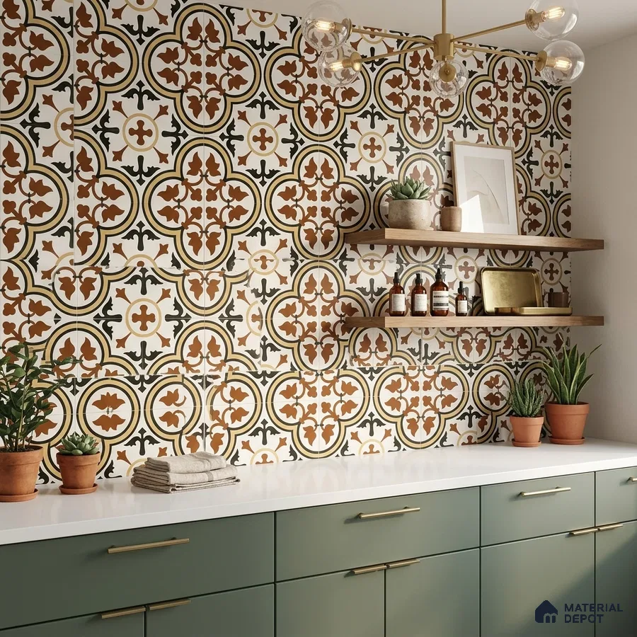 Mediterranean kitchen with terracotta patterned wall tiles and sage green laminate cabinets