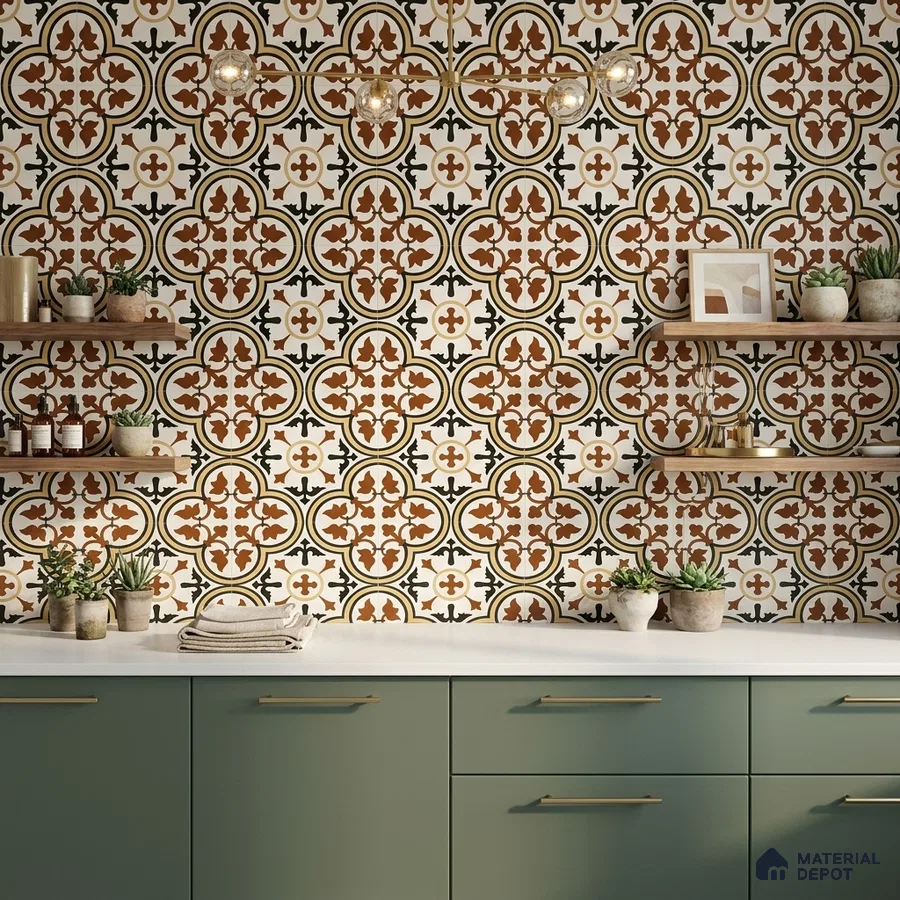 Mediterranean kitchen with terracotta moroccan wall tiles and sage green laminate cabinets
