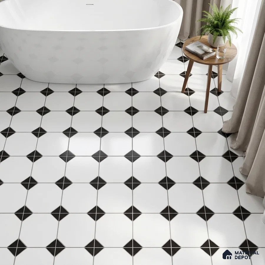 Modern bathroom with black-and-white geometric floor tiles and freestanding tub