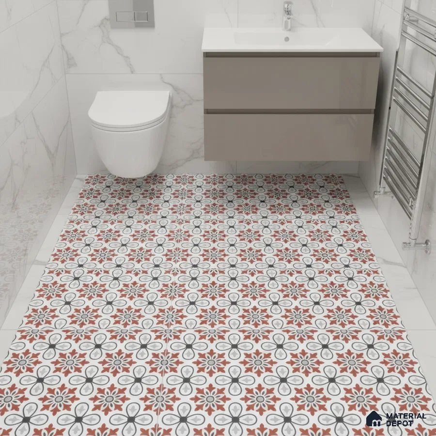 Modern bathroom with marble wall tiles and red-black floral patterned floor tiles