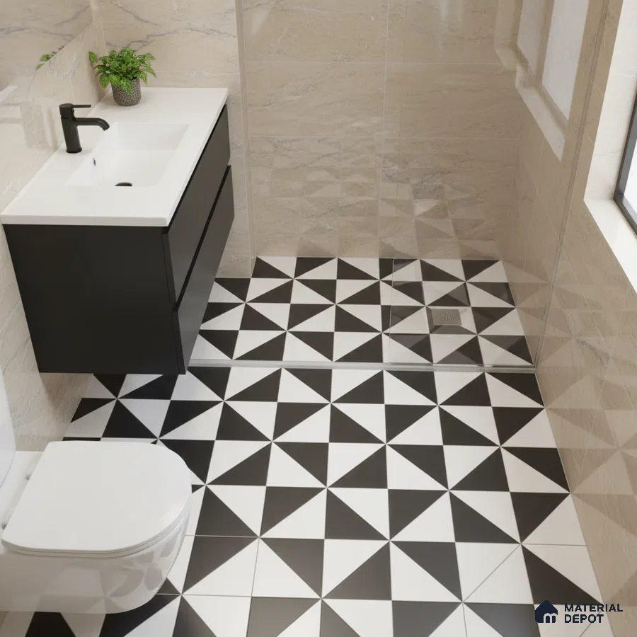 Modern bathroom with geometric black-and-white floor tiles and beige marble-look wall tiles