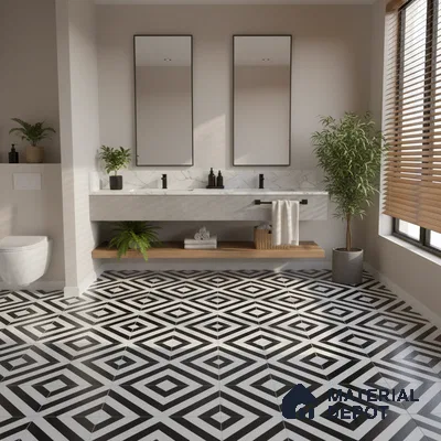 Modern bathroom with geometric black-and-white floor tiles and marble countertop
