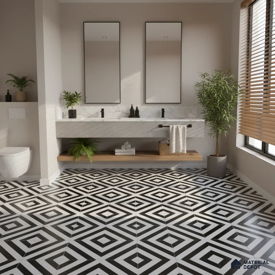 Modern bathroom with geometric black-and-white floor tiles and marble countertop