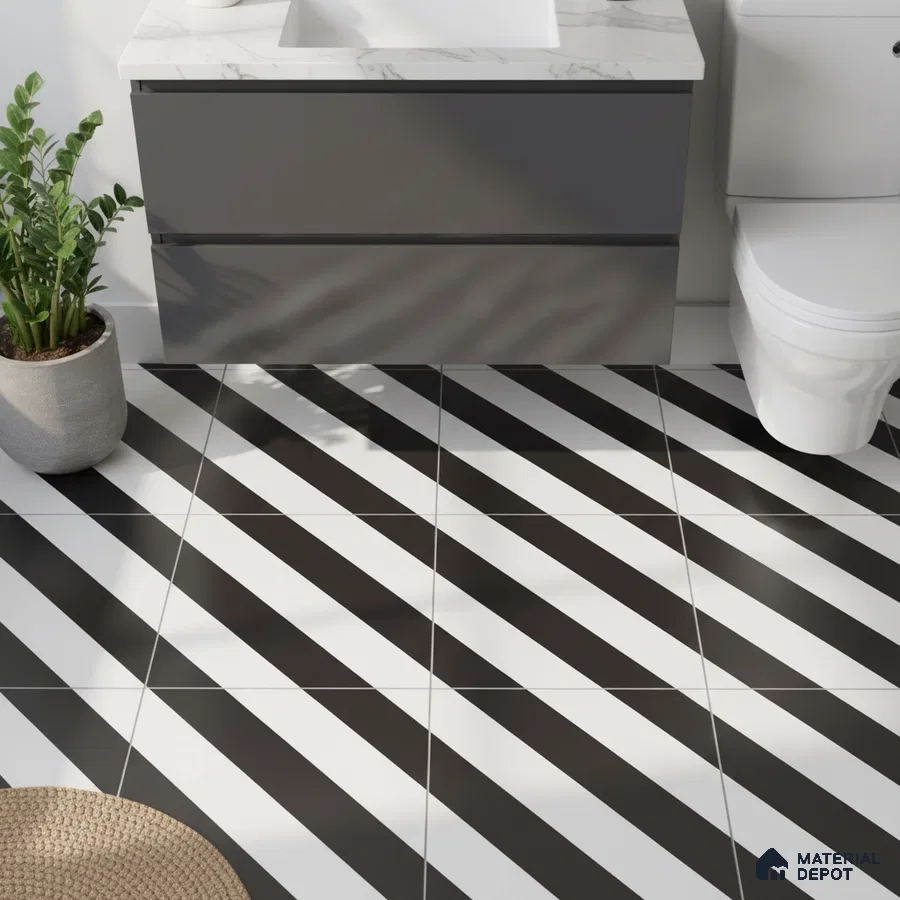 Modern bathroom with black-and-white diagonal striped floor tiles and grey matte vanity