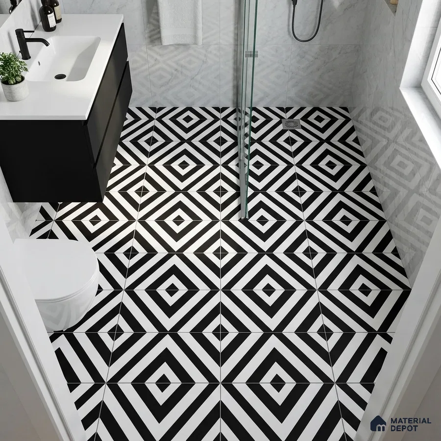Modern bathroom with black-and-white geometric patterned floor tiles and matte black vanity