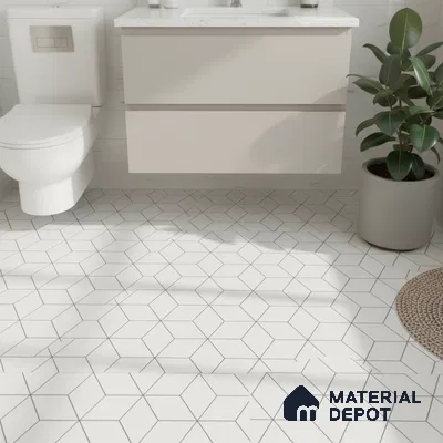 Minimalist bathroom with geometric white floor tiles and floating vanity