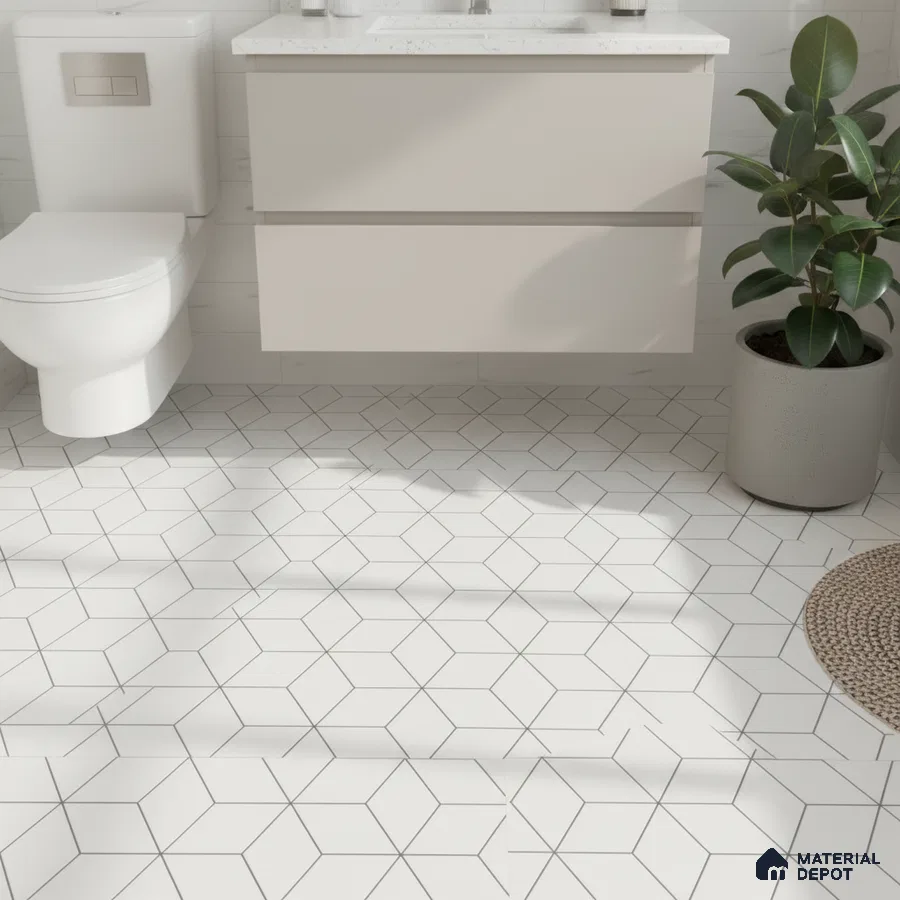 Minimalist bathroom with geometric white floor tiles and floating vanity