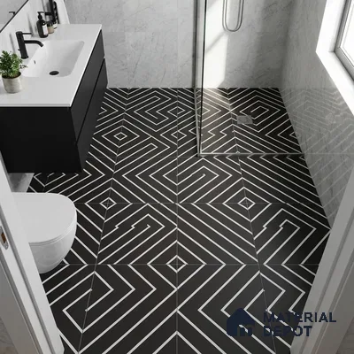Modern bathroom with geometric black-and-white floor tiles and marble wall tiles